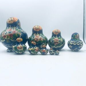 Russian Hand-Painted Blue and Green Nesting Dolls 9 Set